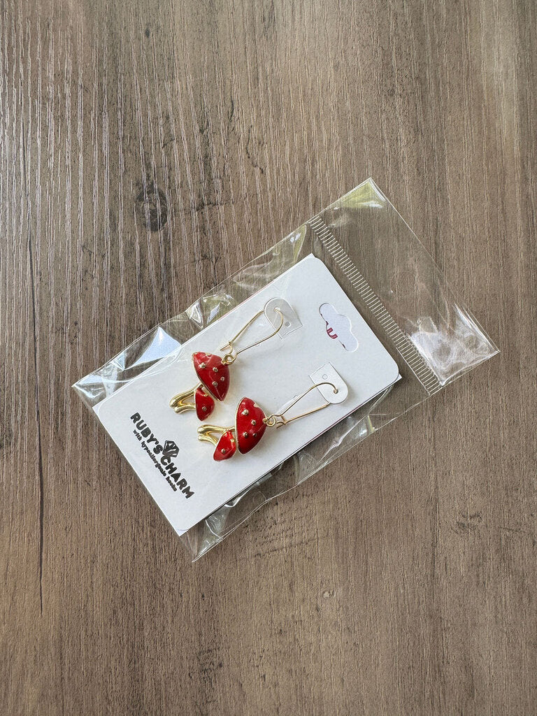 Dangle Earring-Red & Gold Mushrooms