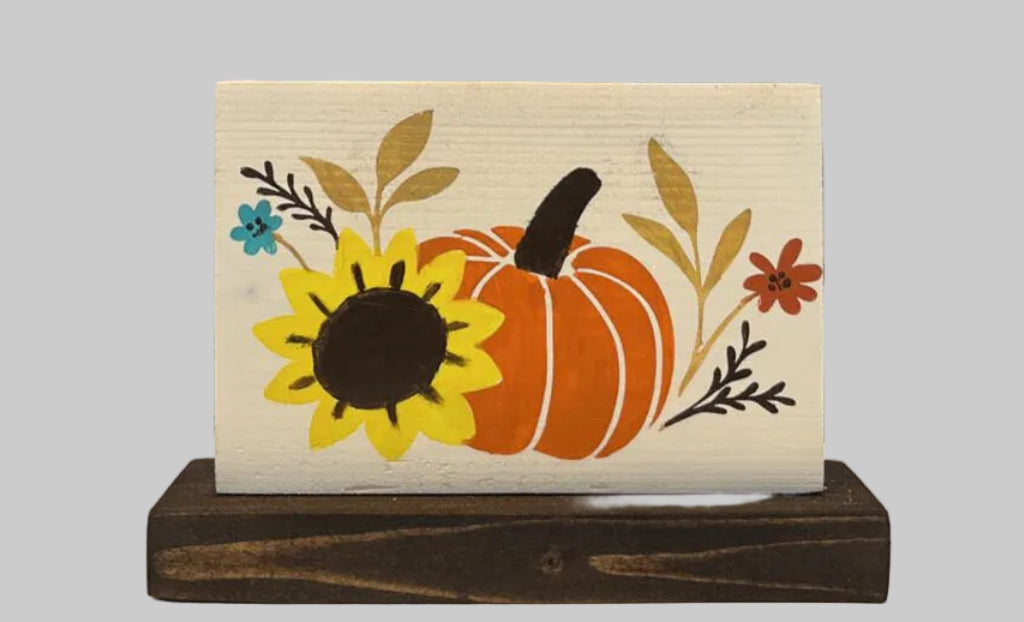 Wood sign w/base painted pumpkin w/flower