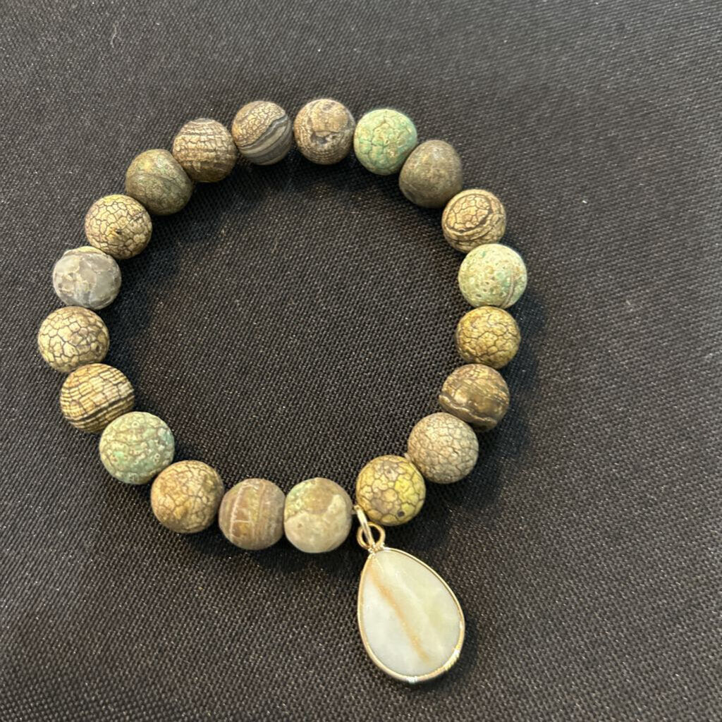 MJ Green Stone Bead w/white drop Charm