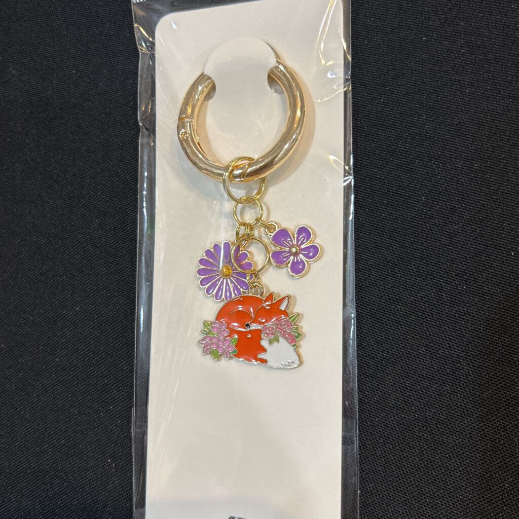 Floral Fox w/Purp Flowers 1-Ring Charm Keychain