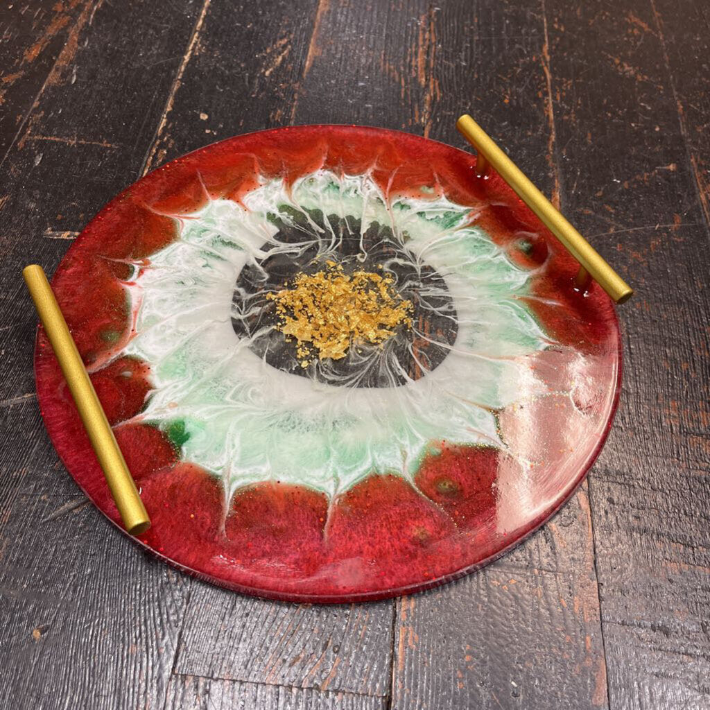 Round Tray w/Handles (Red Green White & Gold)
