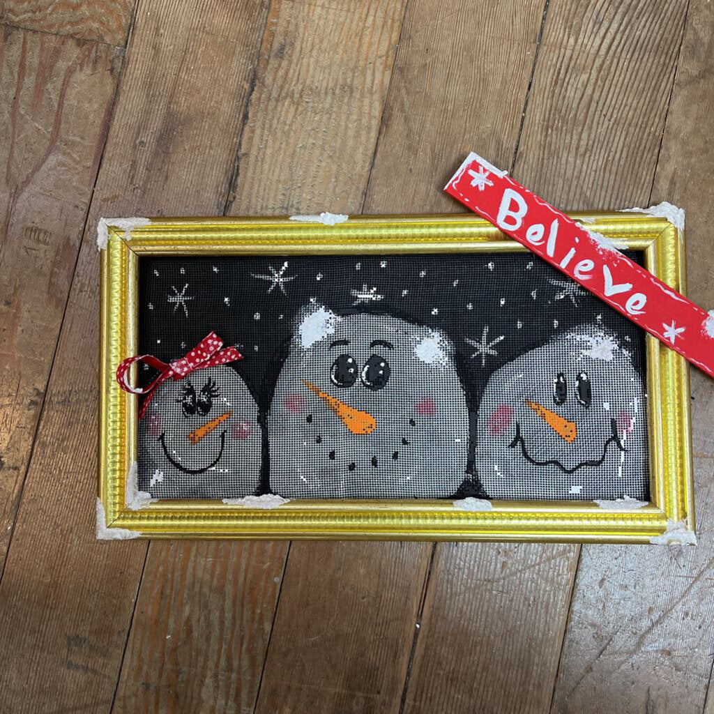 3 Painted Snowmen in Gold Frame