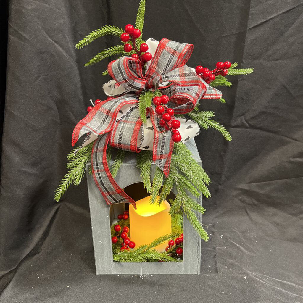 Metal Lantern w/Xmas Decor Red & Grays