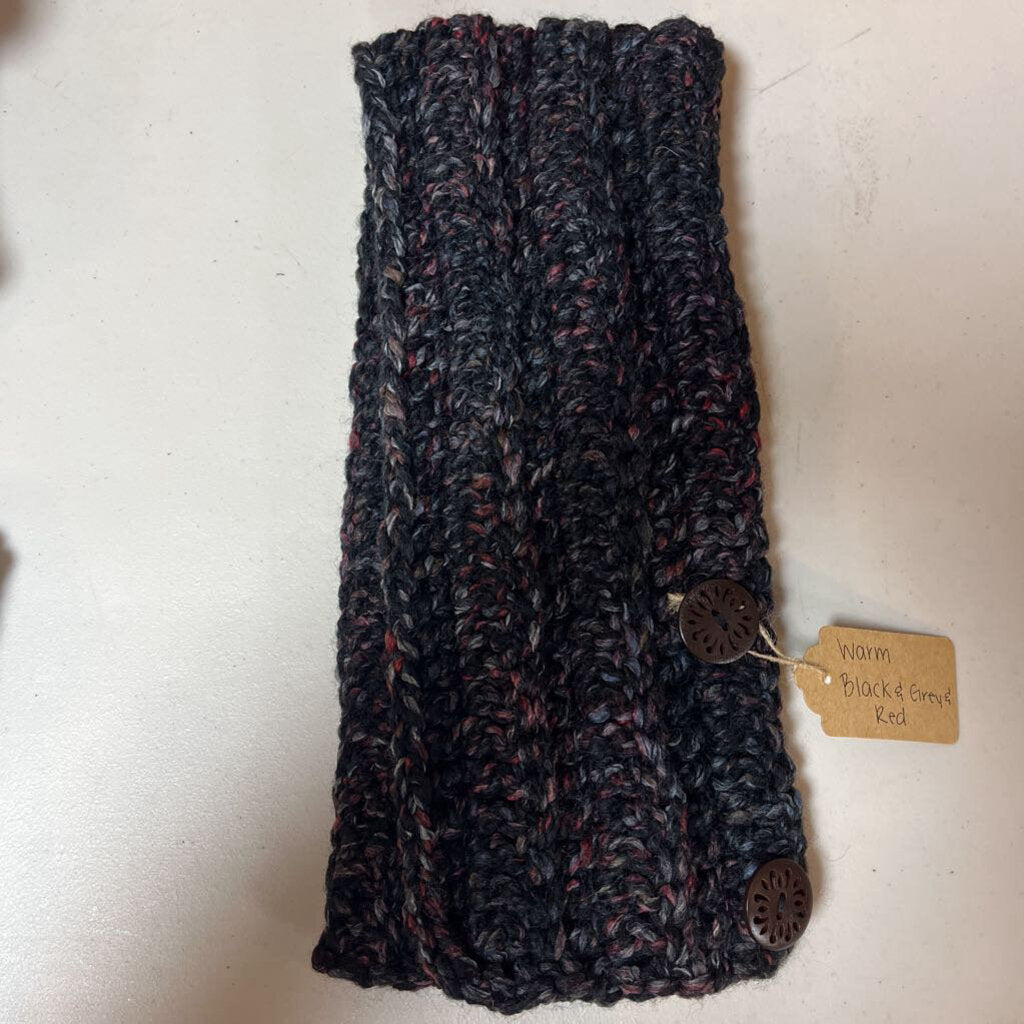 Crochet Button Scarf Warm Black/Red/Grey
