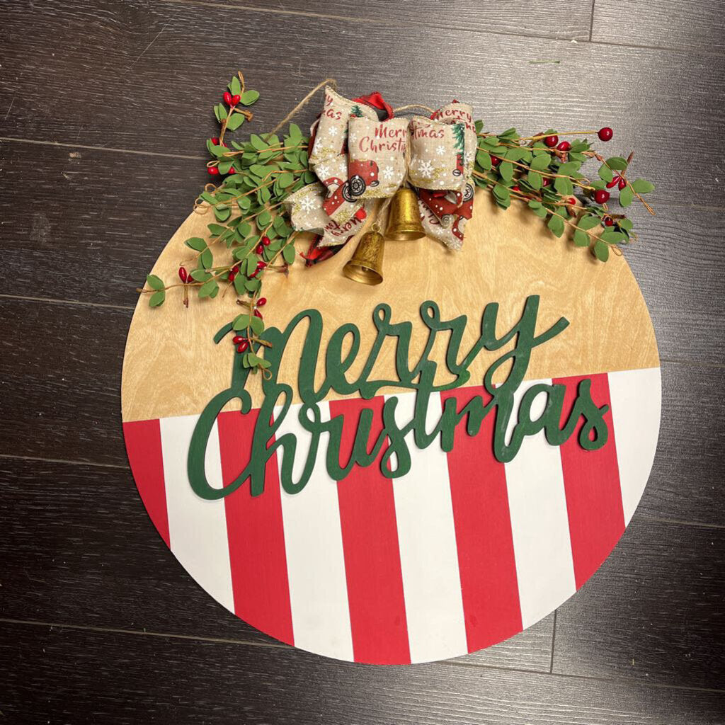 Round Candy Cane Stripe Door Hanger w/Truck Bow