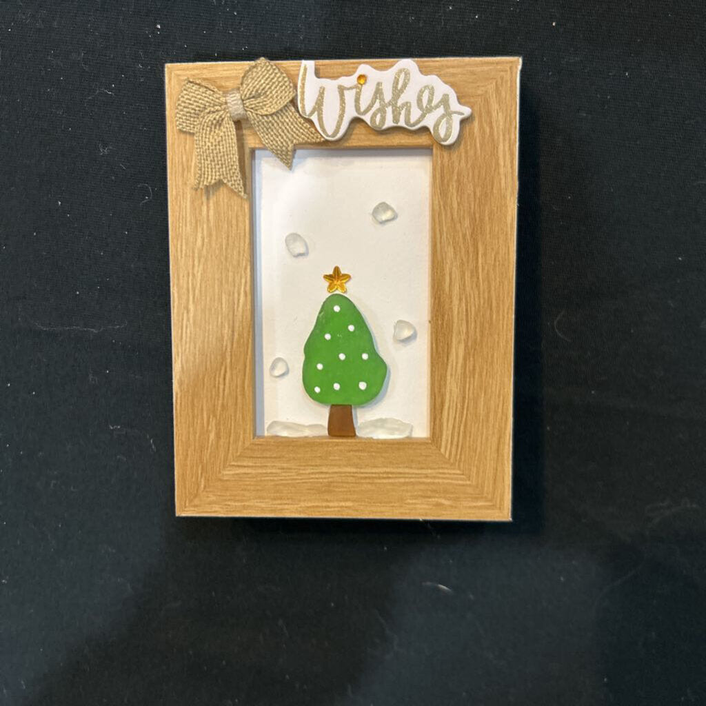 Sm Wood Frm Grn Polka Dot Tree Burlap Bow Wishes Beach Glass