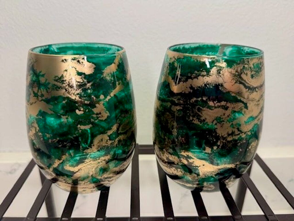 Glass Wine Tumblers-Green/Gold Blotch
