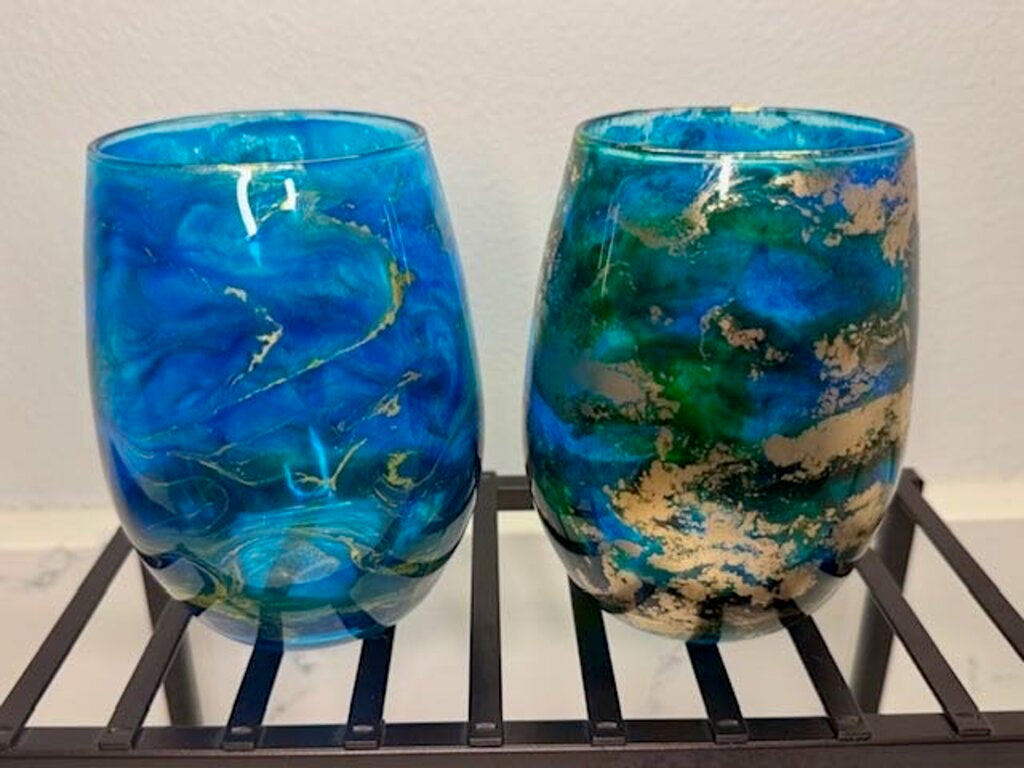Glass Wine Tumblers-Blu/Green/Gold