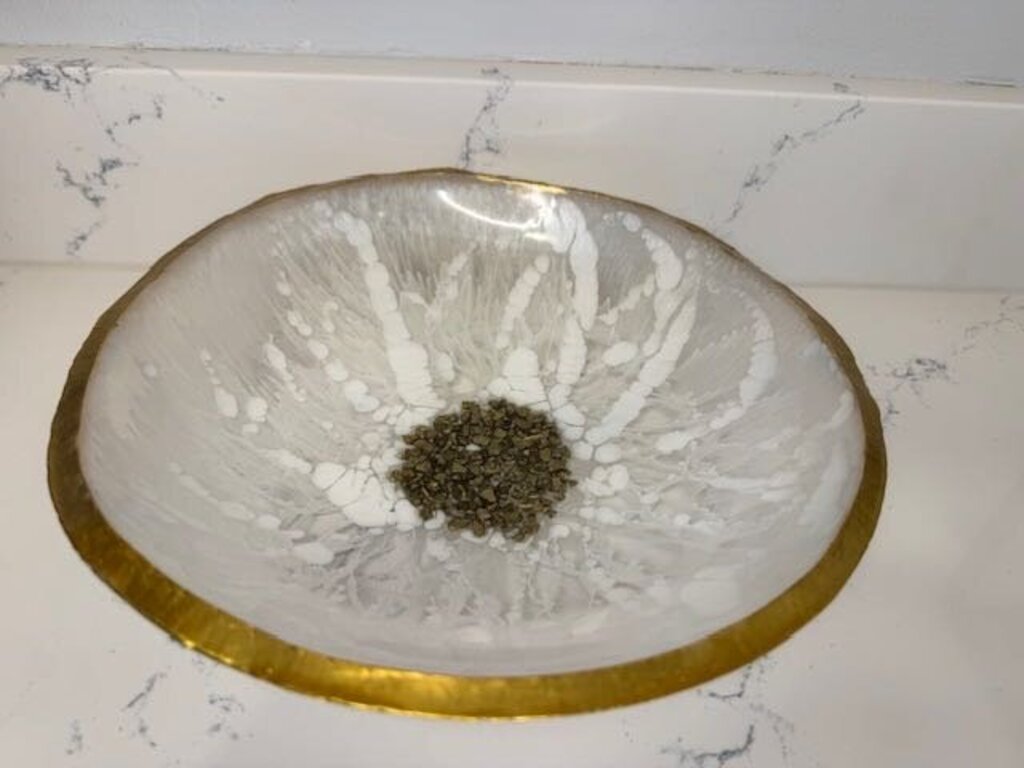 Resin 10.5in Round Bowl White & Gold