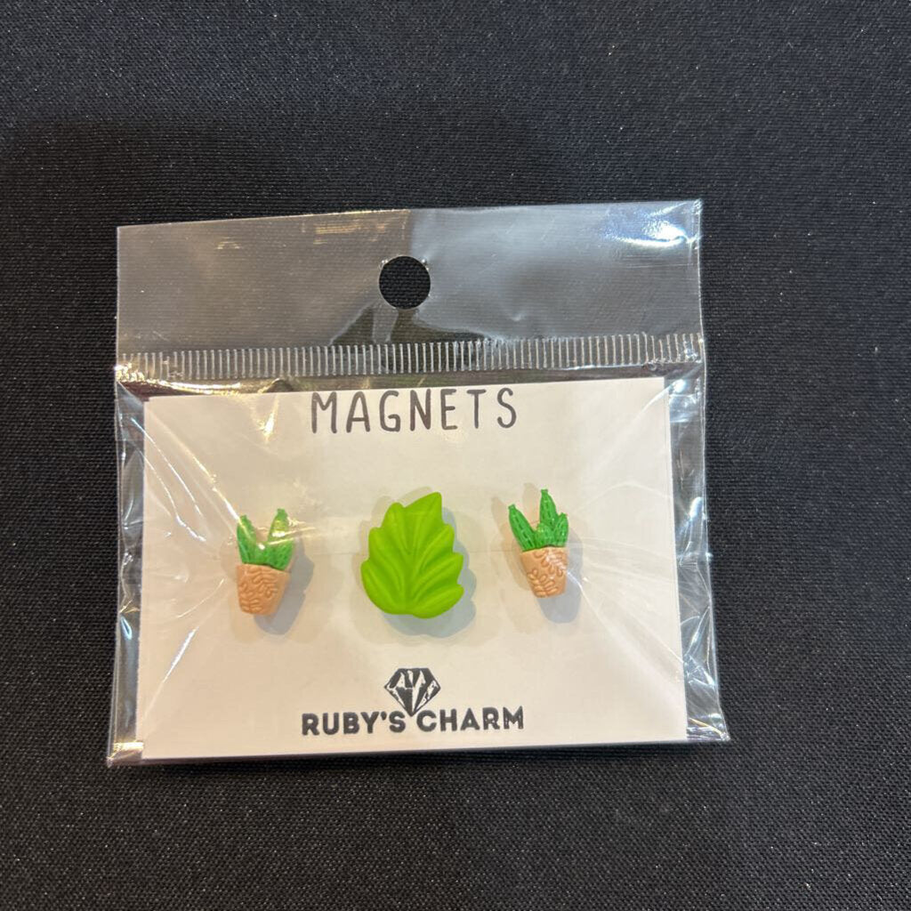 Magnet Lt Green Leaf with Potted Plants, Set of 3