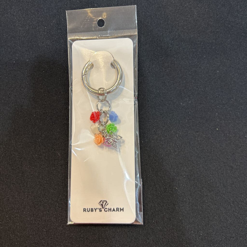 Charm Keychain Silver Butterfly Multi Colored Roses