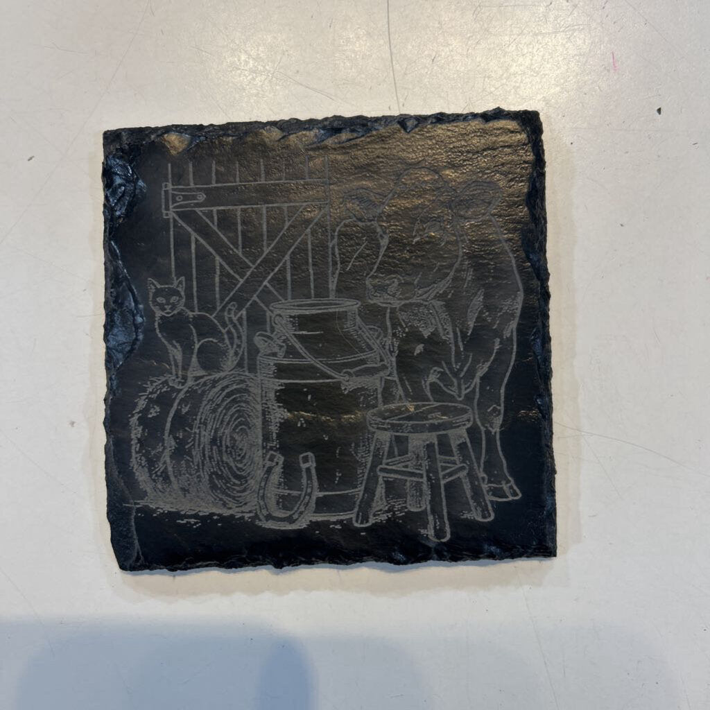 Slate Coaster Cow & Cat Single