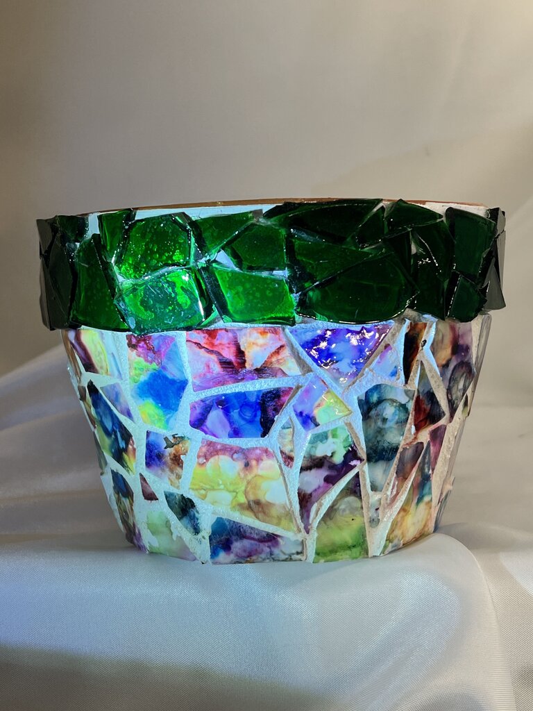 Mosaic Pot Green glass w/alcohol ink tiles