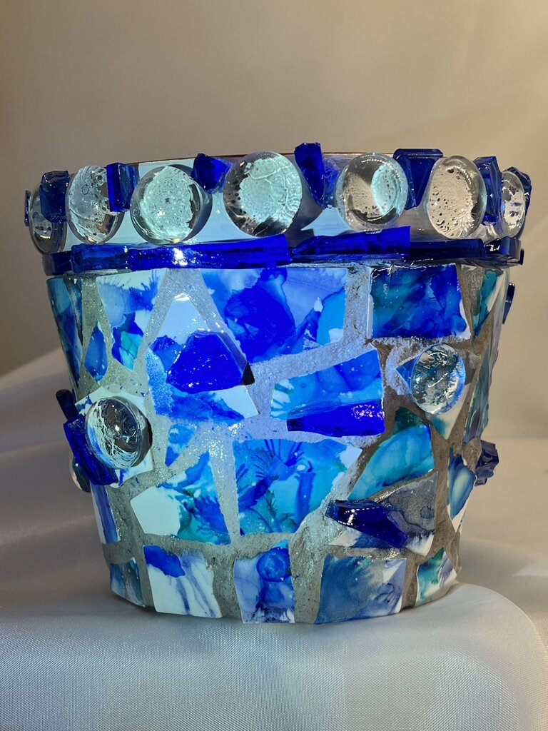 Mosaic Pot blue glass w/alcohol ink tiles, clear marbles