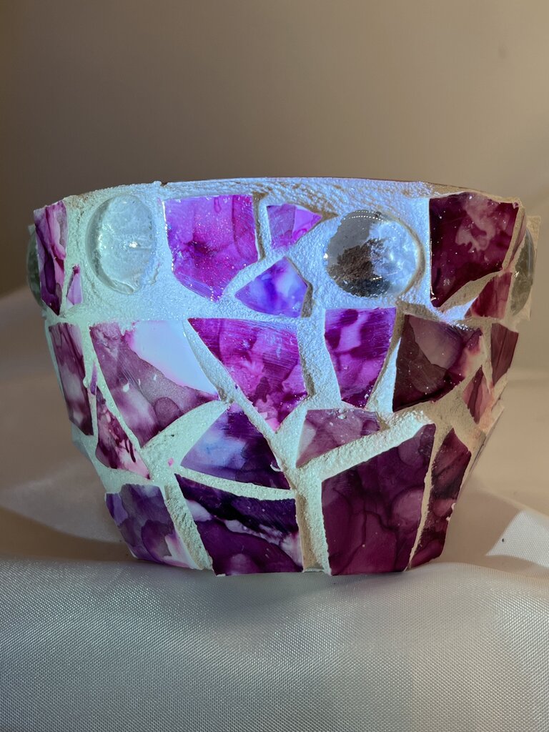Mosaic Pot pink w/alcohol ink tiles, clear marbles