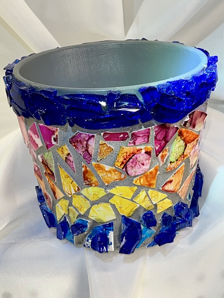 Mosaic 6" pot Sunset over Lake blue glass/ grey grout