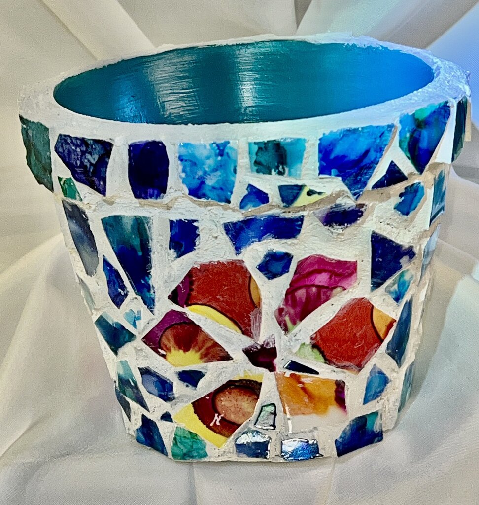 Mosaic 6" pot, Floral, blue/turq color, white grout