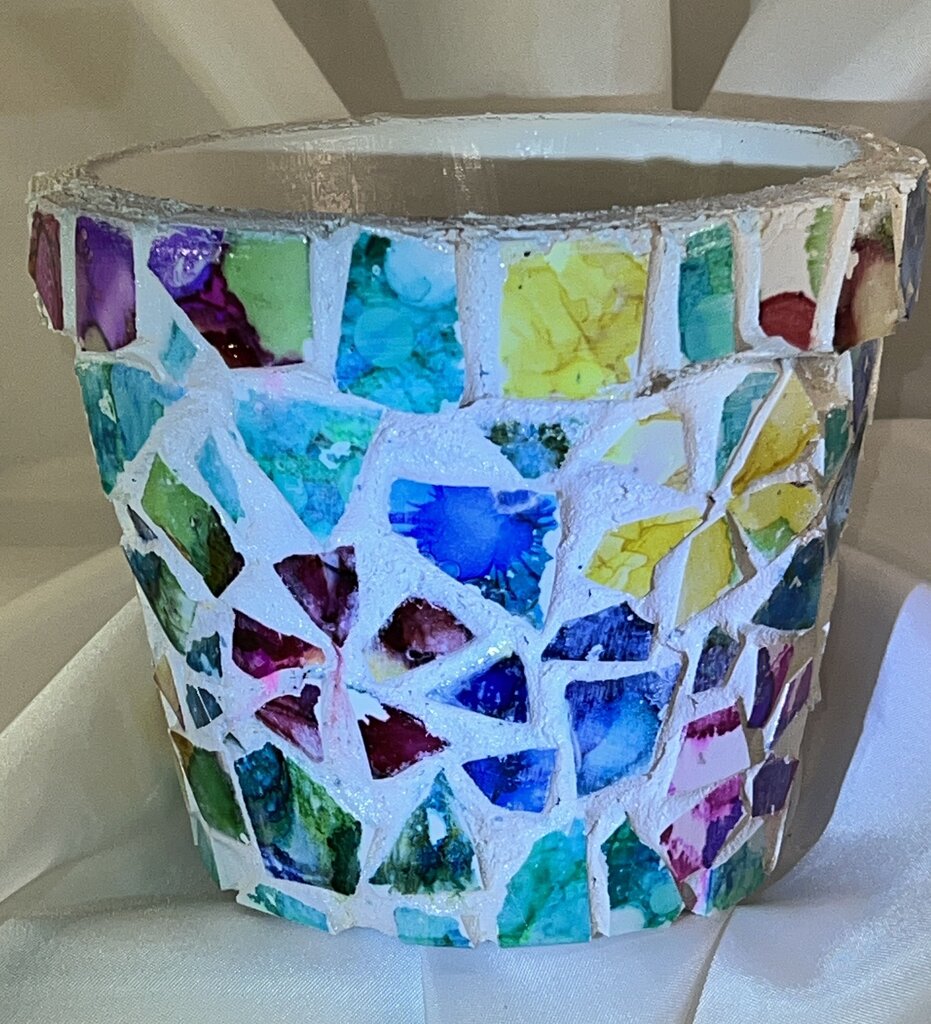 Mosaic 6" pot, mini floral, blue/ multi color, white grout