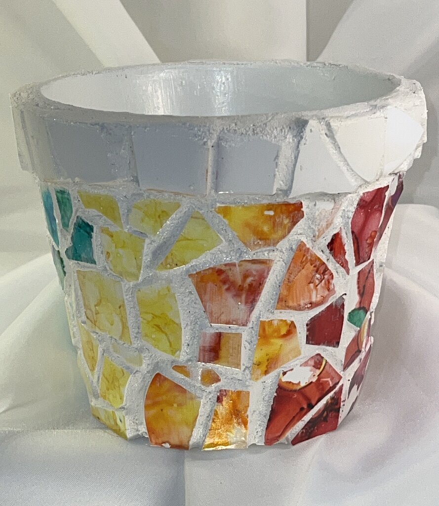 Mosaic 6" pot, multi color, white grout