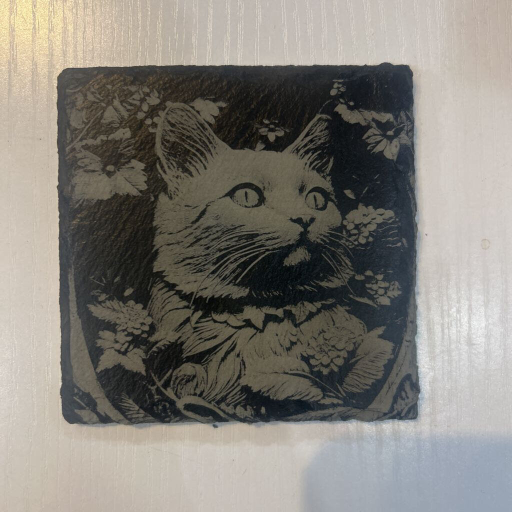 Cat with Flowers Slate Coaster