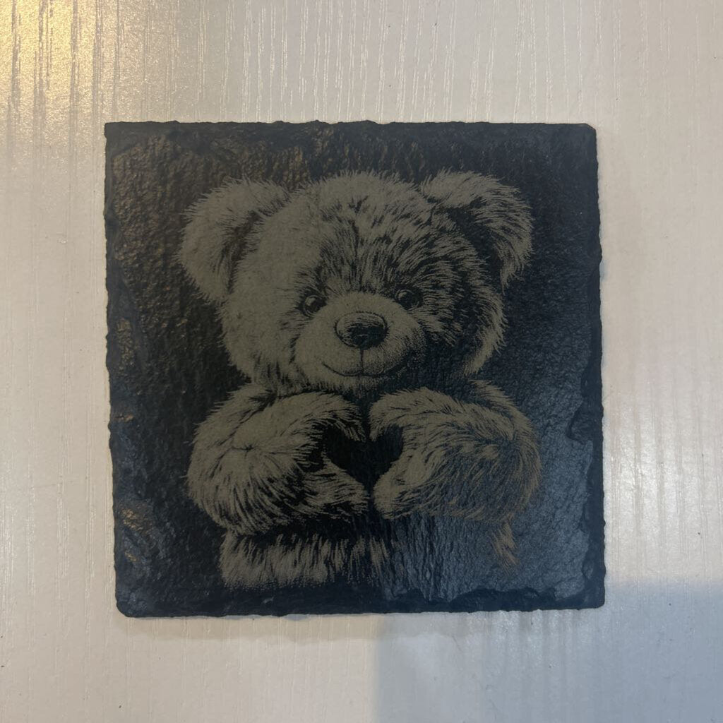 Slate Coaster Teddy Bear Heart Hands