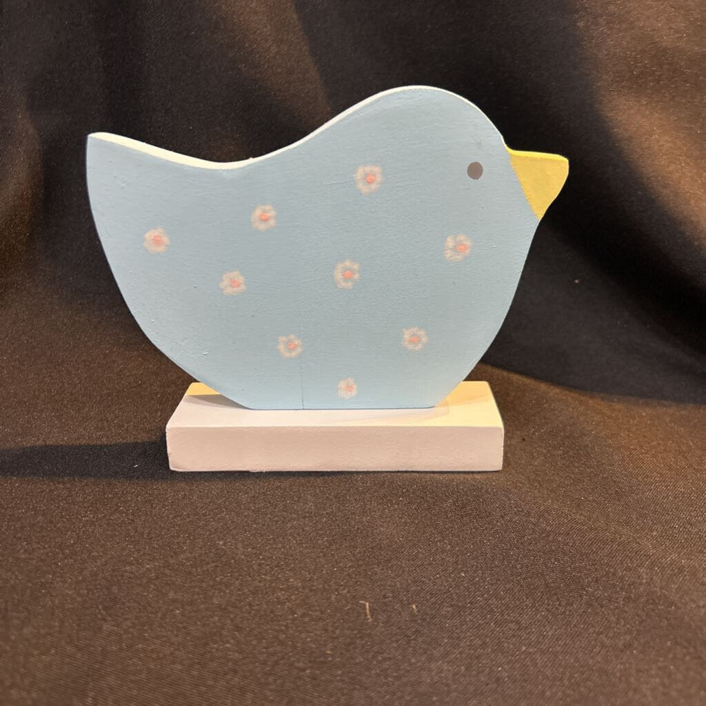 Wood pastel blue Bird with Flowers on base