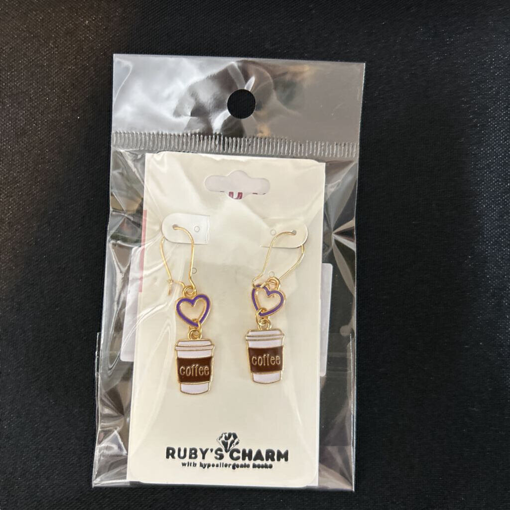Dangle Earring, Coffee Purple heart, hypoallergenic hook