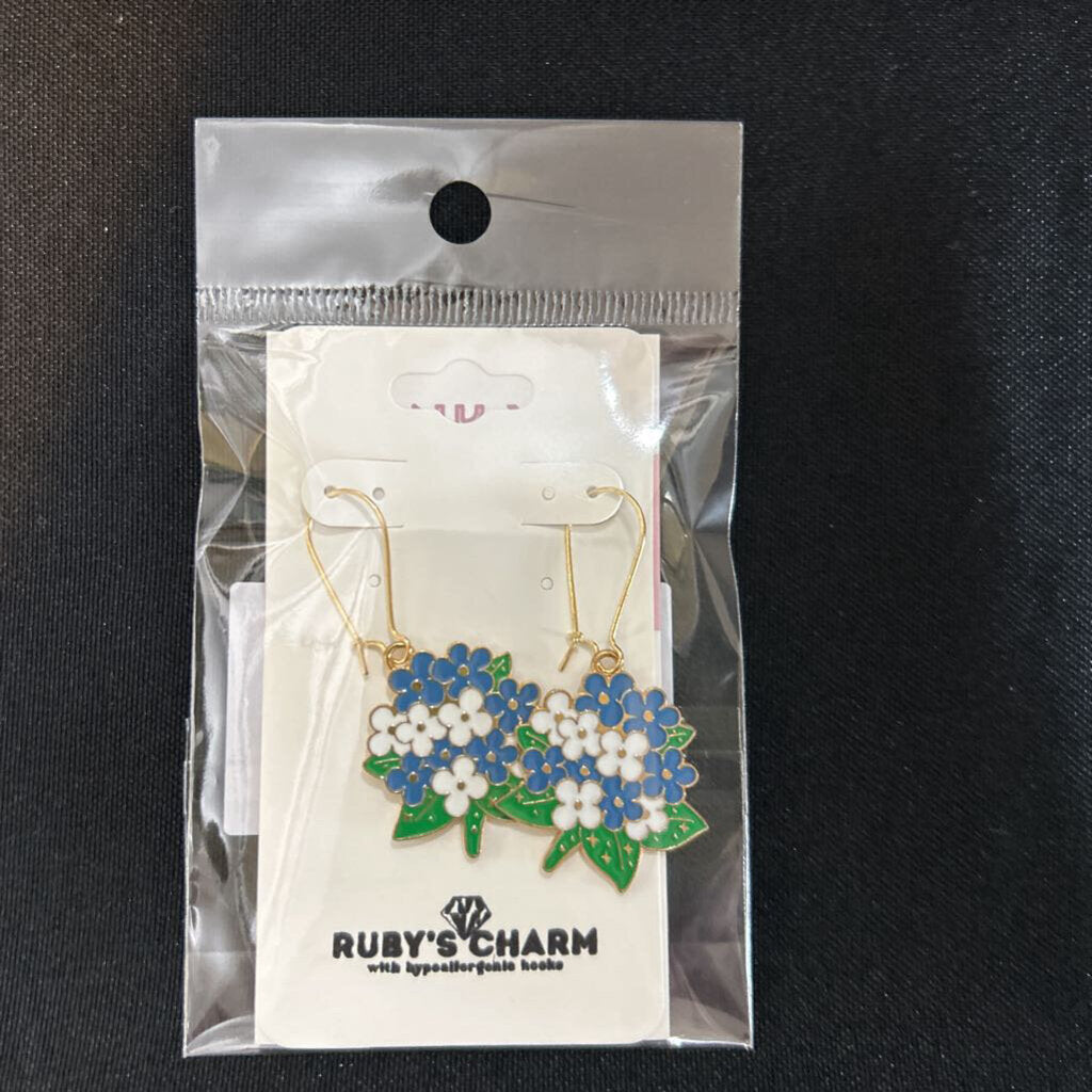 Dangle Earring, Blue/White Flower Bunch, hypoallergenic hook