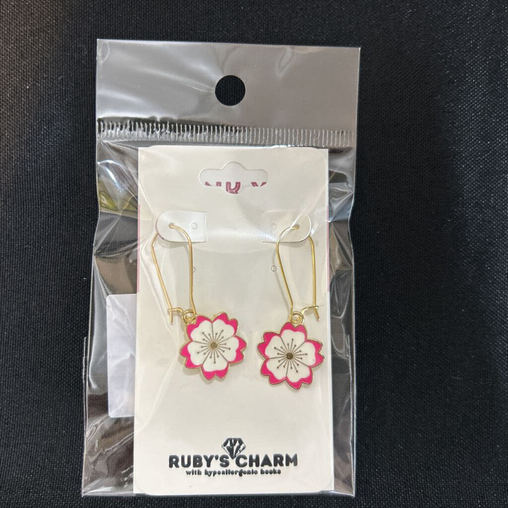 Dangle Earring, Pink/White Hybiscus, hypoallergenic hook