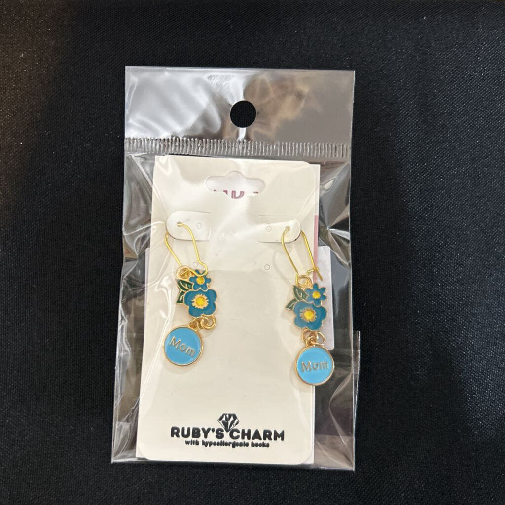 Dangle Earring, MOM Flower blue, hypoallergenic hook