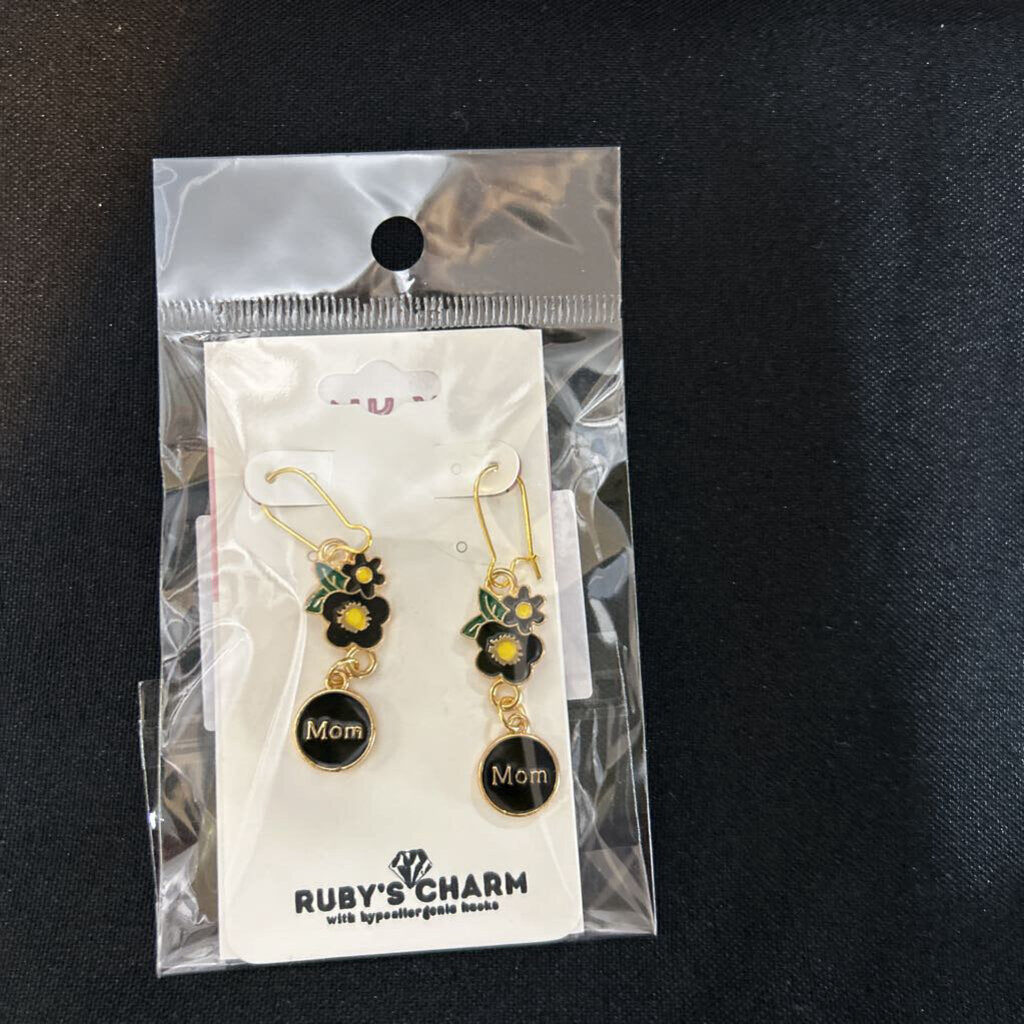 Dangle Earring, MOM Flower black, hypoallergenic hook