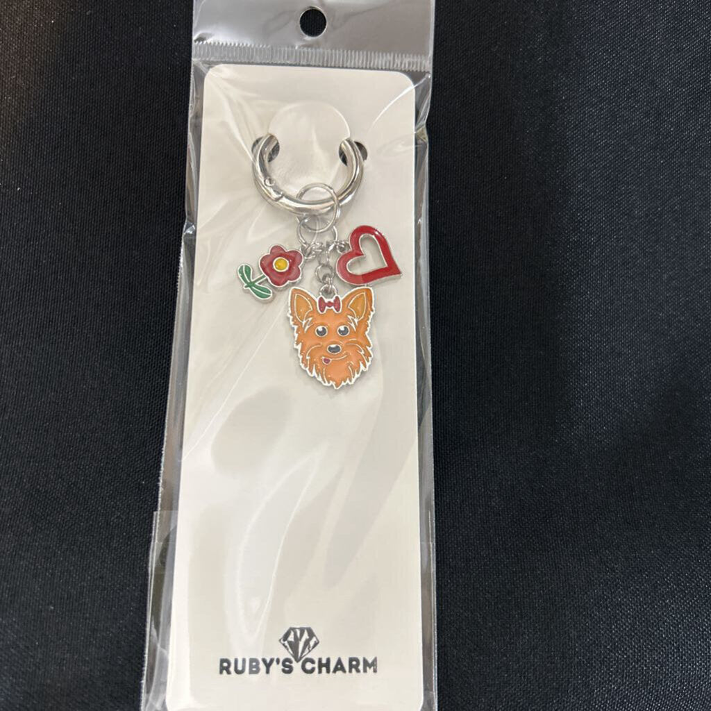 Charm Keychain, Yorki-Red Bow, Heart, Flower 3/4" ring