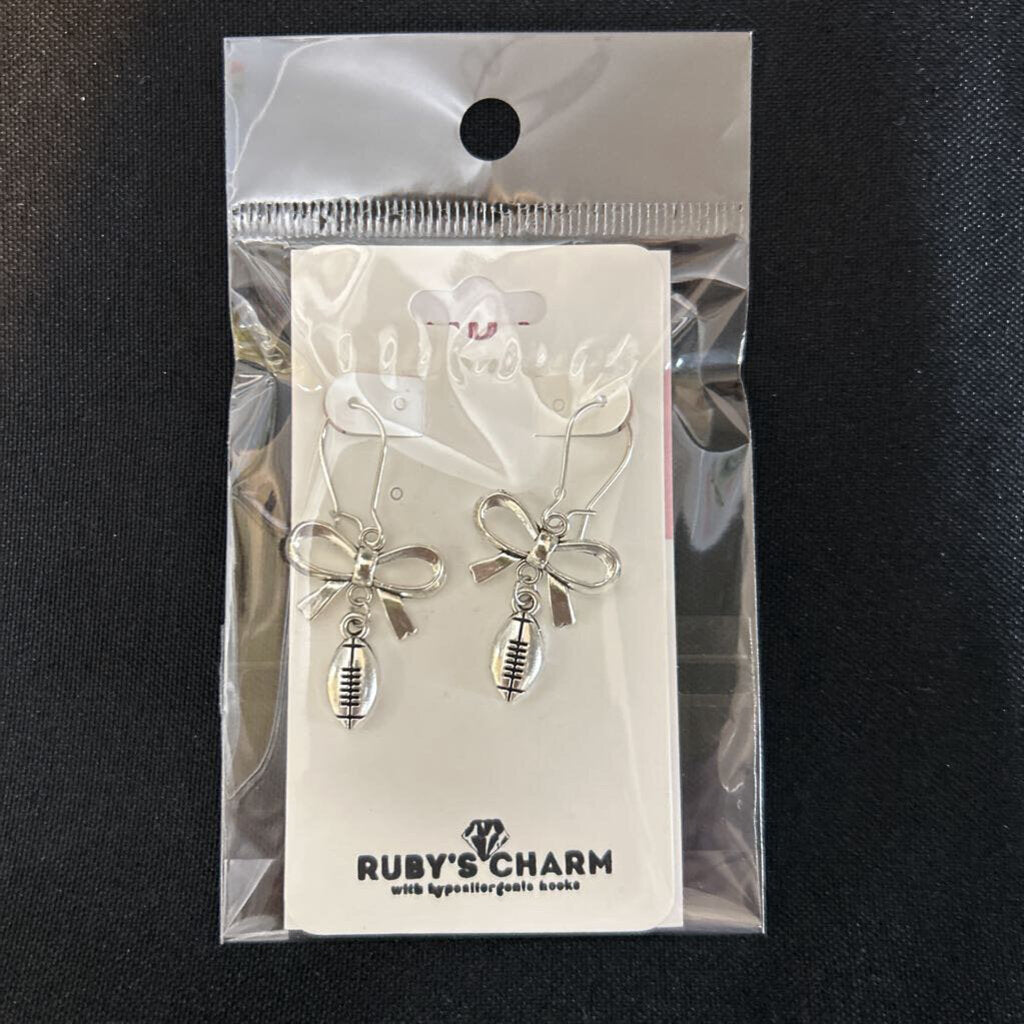 Dangle Earrings, Silver football bow, hypoallergenic hook