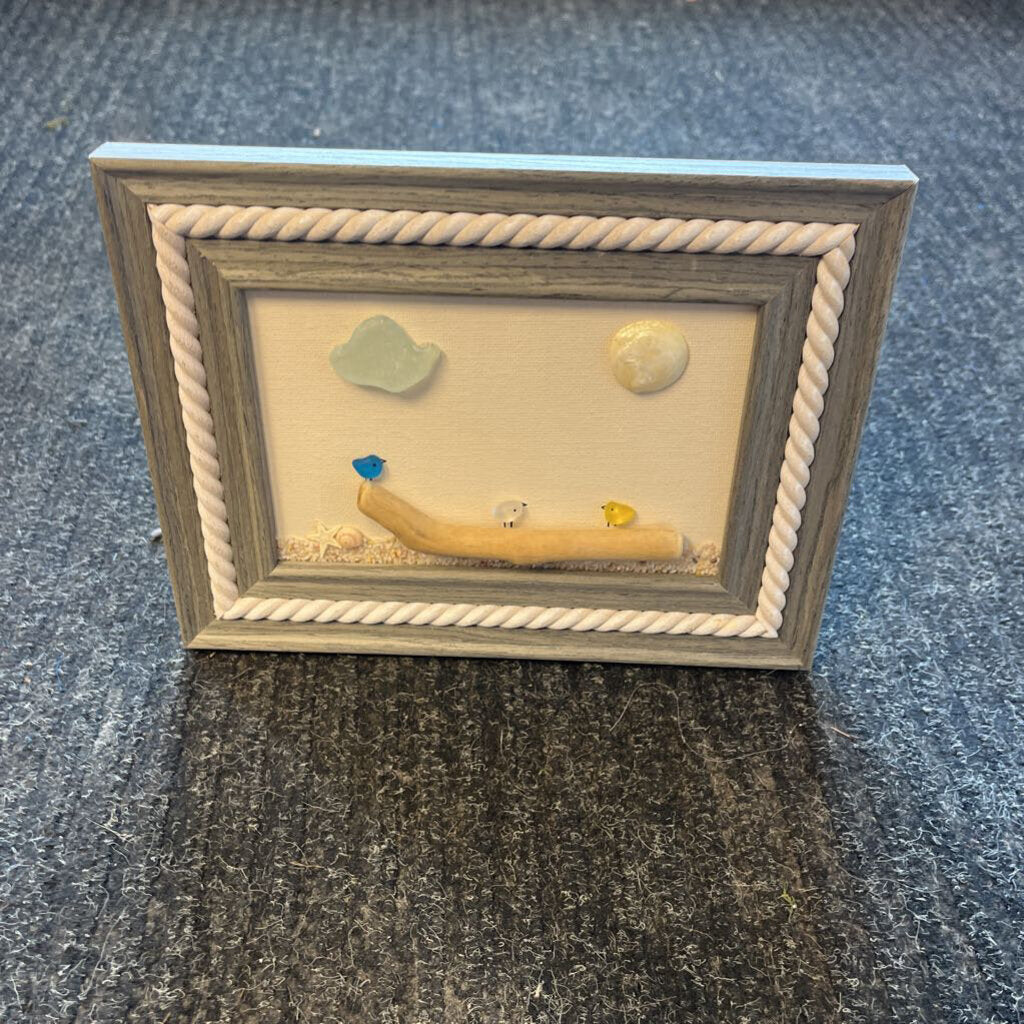Birds on Driftwood (5x7, gray/white frame)