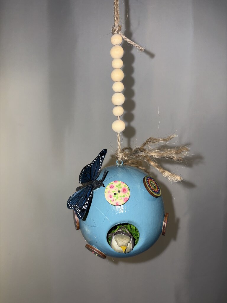 Blue w/ Buttons Ceramic Bird House