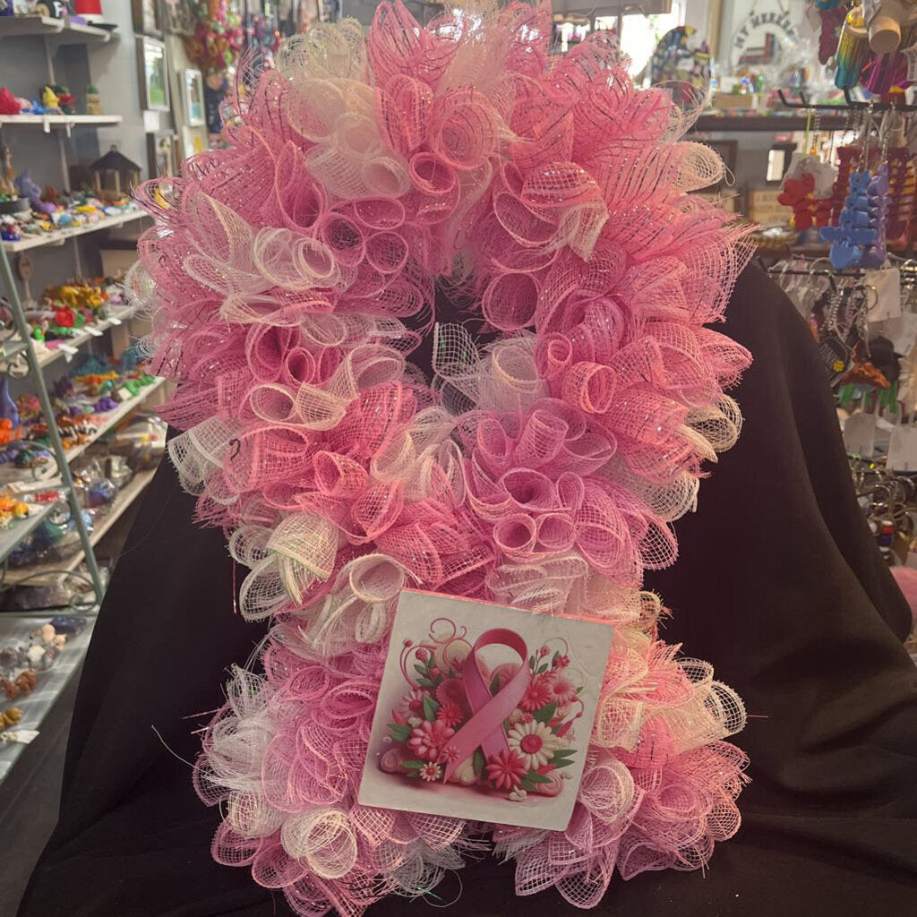 Pink & White Ribbon Shaped Breast Cancer Wreath