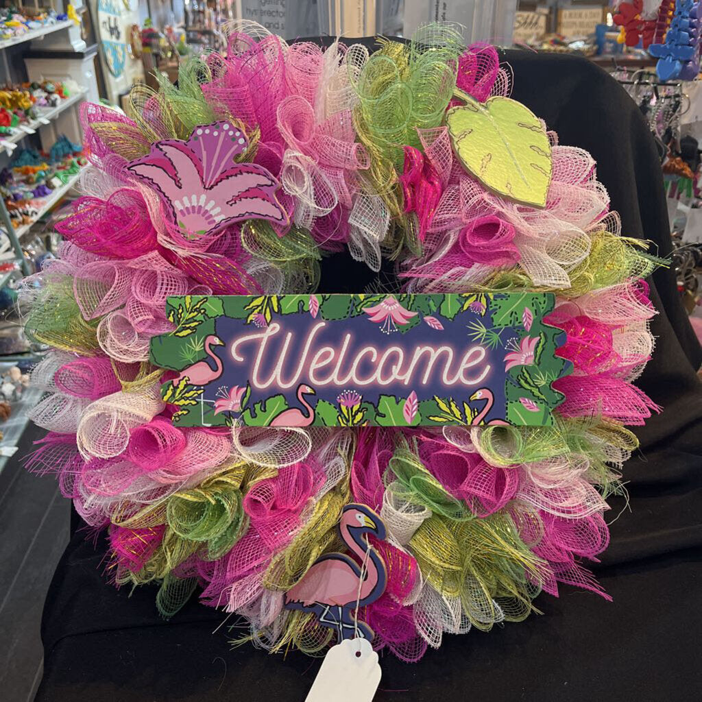 Pink,White, & Green Mesh Flamingo Wreath