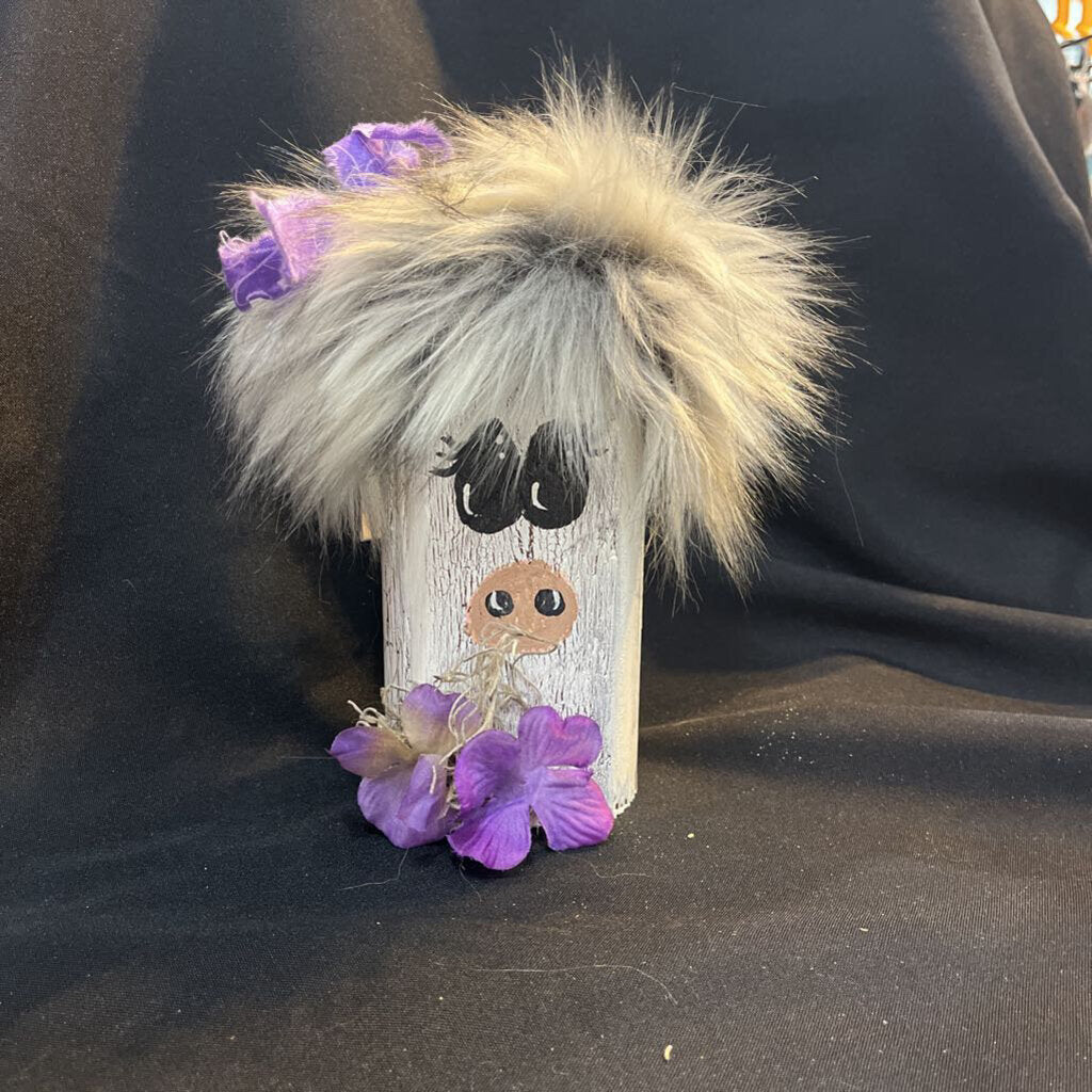 Wooden Cow w/gray hair & purple bow