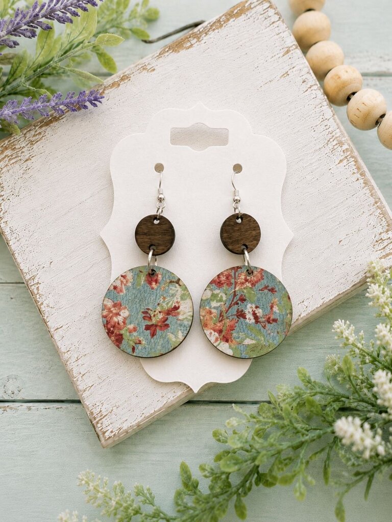 Blue Floral Wooden Dangle Earring