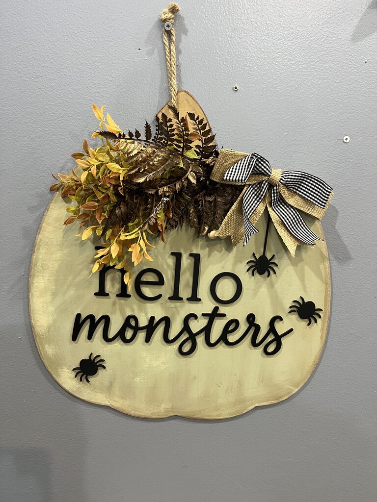 Hello Monster Green Pumpkin Door Hanger
