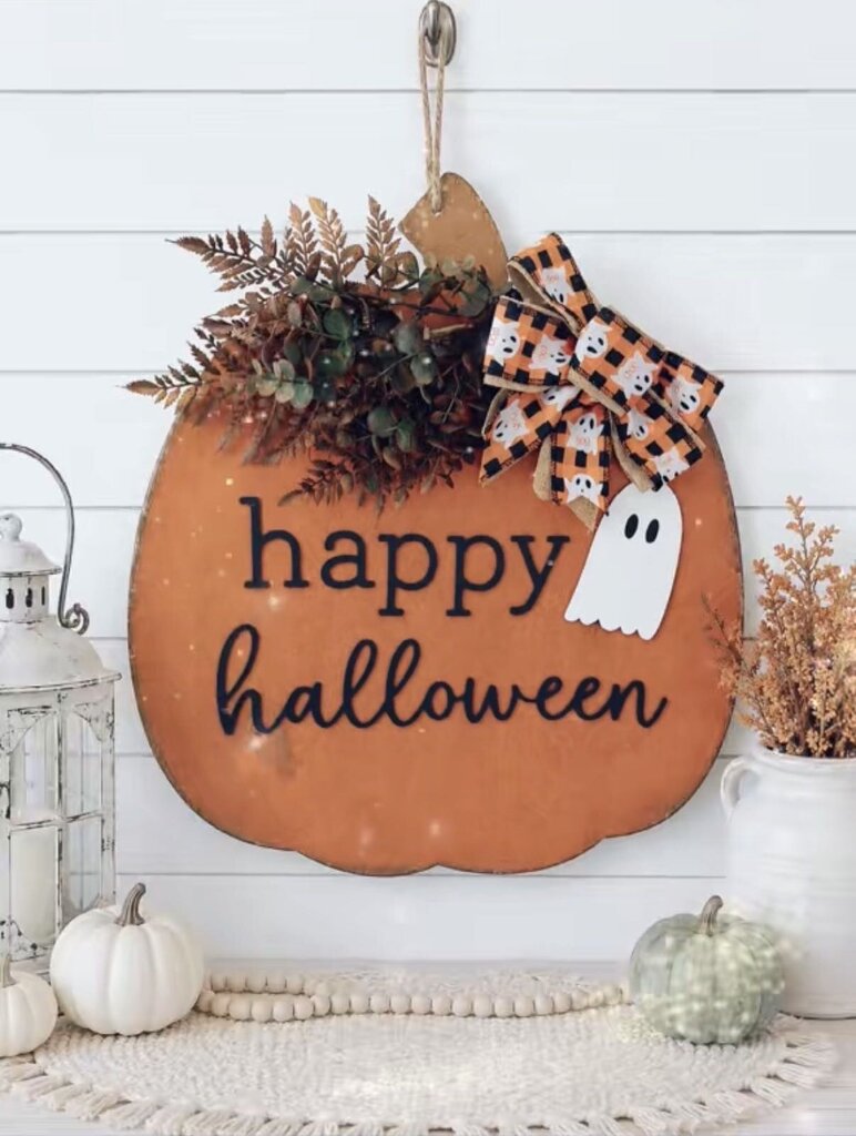 Happy Halloween Orange Pumpkin Door Hanger