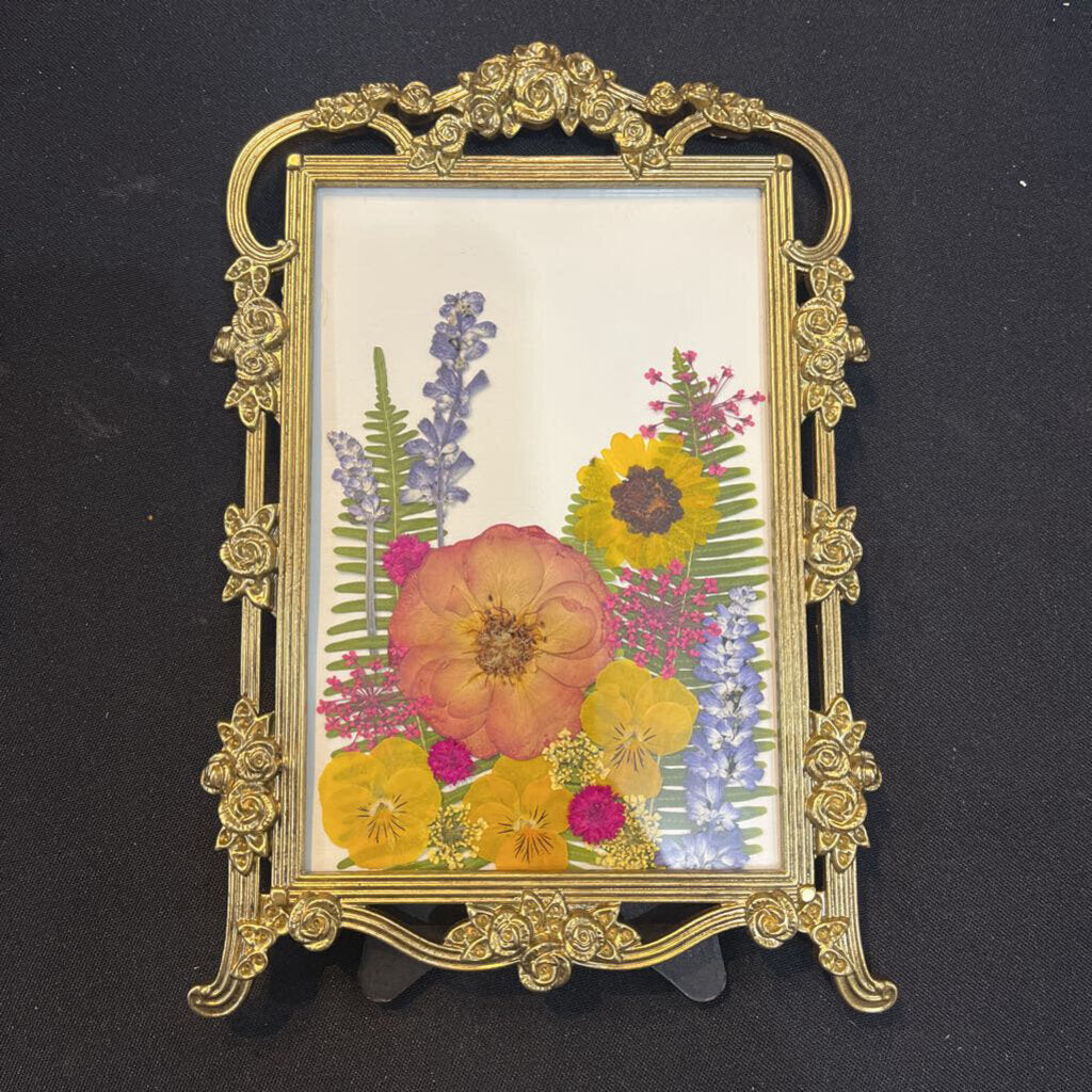 Pressed Yellow & Lavender Flowers (gold ornate frame)
