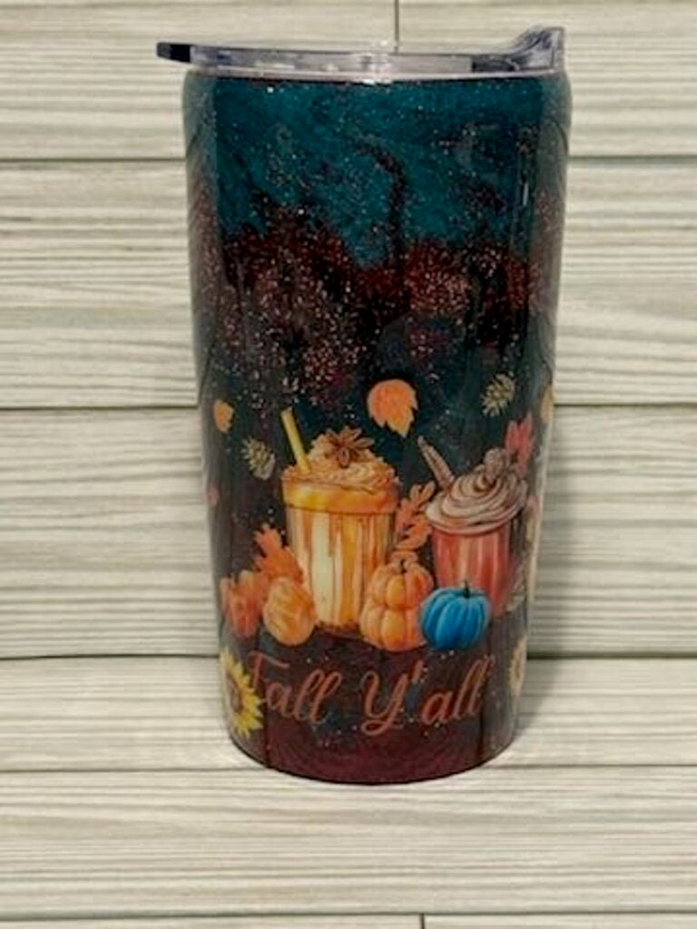 Fall Ya'll short tumbler (cranberry/teal, glitter)