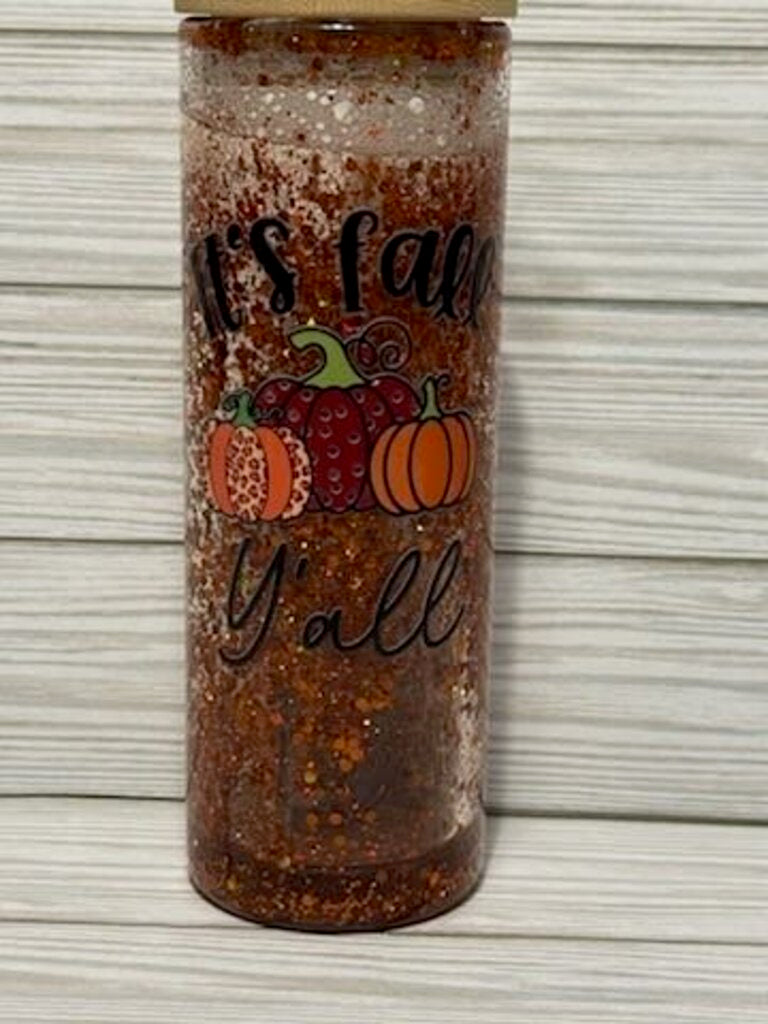 It's Fall Ya'll glass globe tumbler (clear, orange glitter)