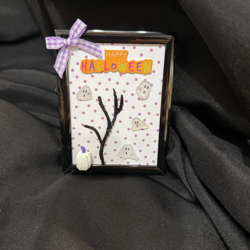 4x4 black frame, Happy Halloween, 2 ghosts, tree, moon, bat