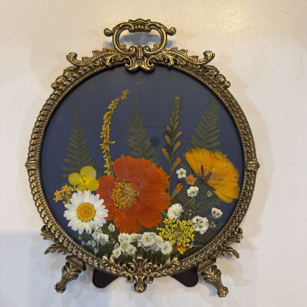 Ornate gold frame with Navy/Orange pressed Flowers