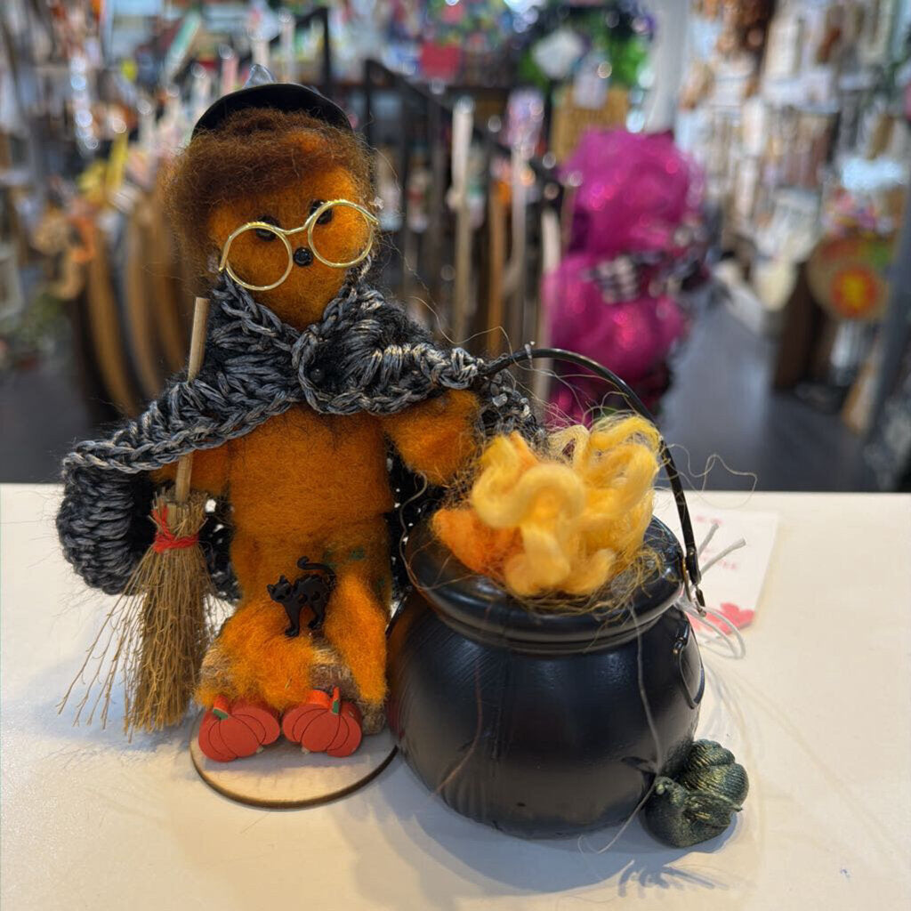 Felted Pumpkin Witch with Cauldron