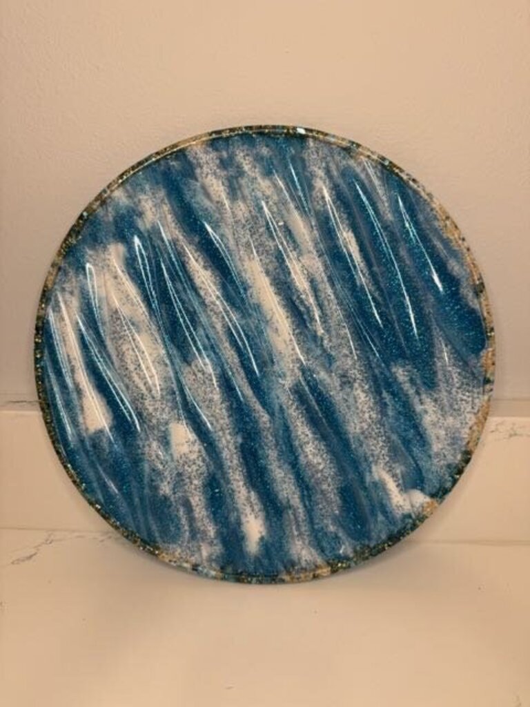 Round Tray Blue & White Waves