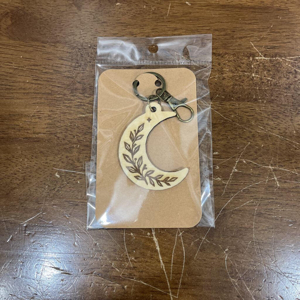 Natural Floral Moon (wood keychain)