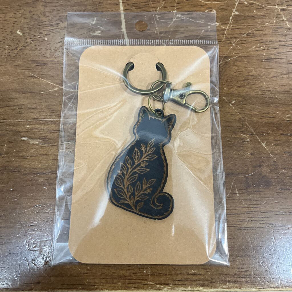 Black Floral Cat (wood keychain)